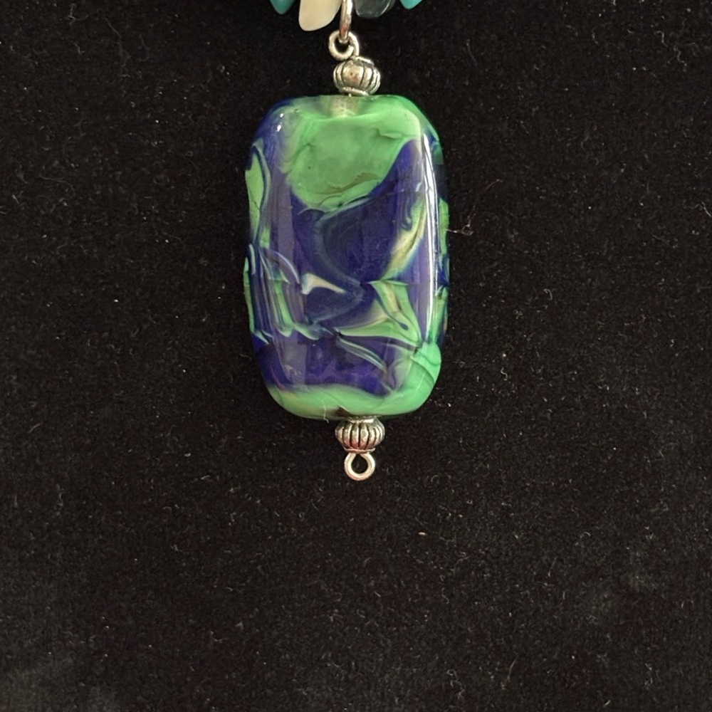 Green and Blue Glass Pendant and Beaded Necklace - Picture 2 of 4